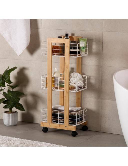 BAMBOO CART WITH 3 BASKETS WHITE LIVO RECTANGULAR MODEL