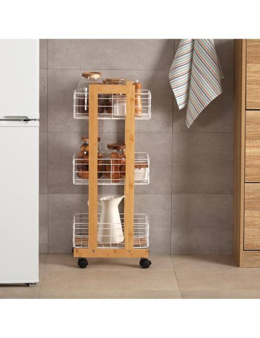 BAMBOO CART WITH 3 BASKETS WHITE LIVO RECTANGULAR MODEL
