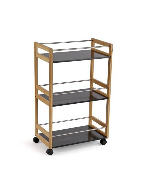 BLACK BAMBOO 3-SHELF TROLLEY WITH WHEELS