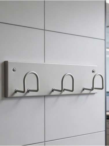 Wall-mounted rack with 3 hooks. Silver color