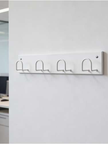 Wall-mounted rack with 4 hooks. White colour