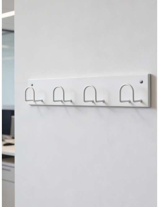 Wall-mounted rack with 4 hooks. White colour