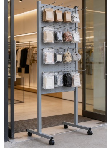 Showcase with perforated panel for hooks. Model Round