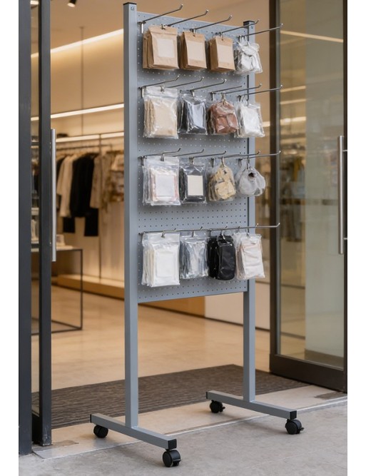 Showcase with perforated panel for hooks. Model Round