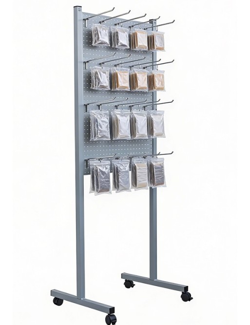 Showcase with perforated panel for hooks. Model Round