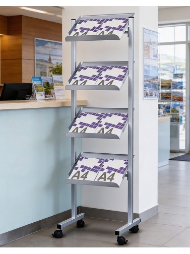 Front facing display stands for magazines and catalogues, painted in silver