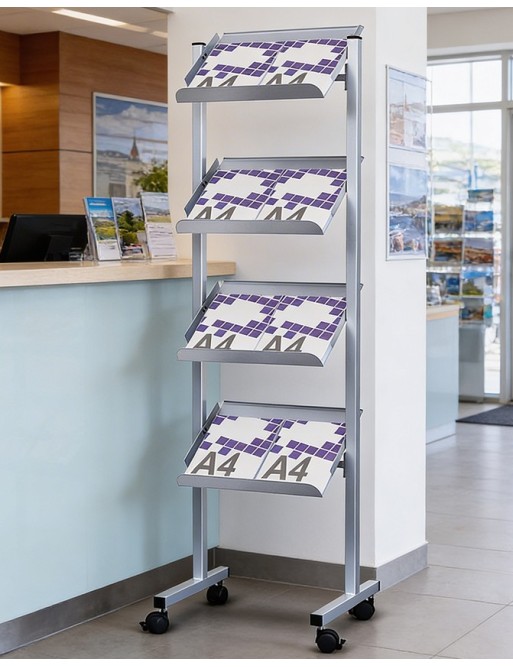 Frontal ausgerichtete Prospektregale für Zeitschriften und, in Silber lackiert