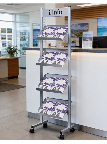 Front facing display stands for magazines and catalogues. With sign (silver)