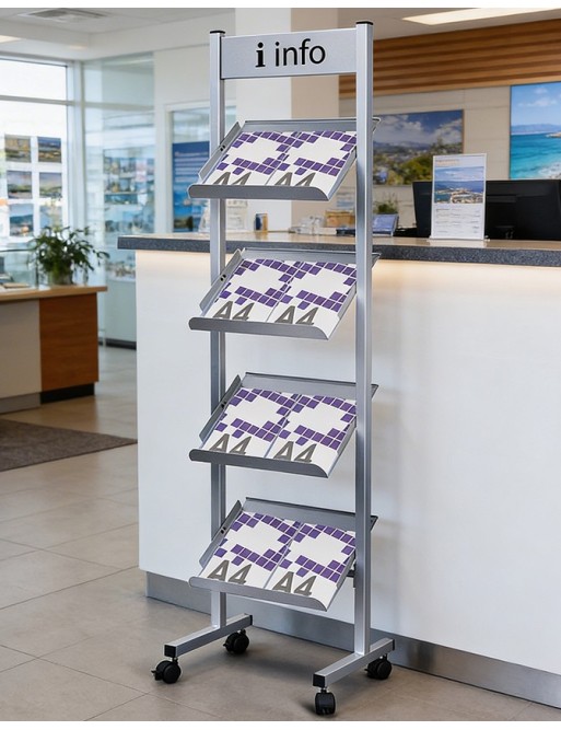 Front facing display stands for magazines and catalogues. With sign (silver)