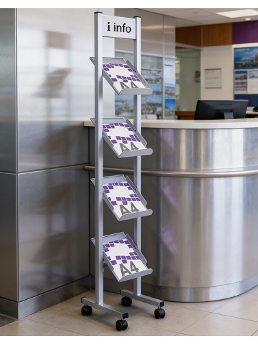 Front facing display stands for magazines and catalogues, with sign on the upper part