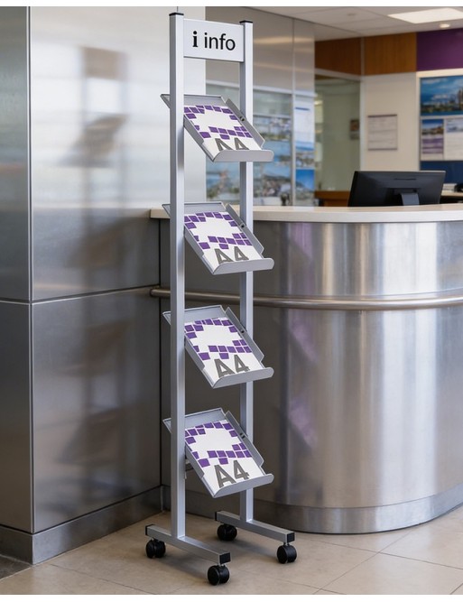 Front facing display stands for magazines and catalogues, with sign on the upper part