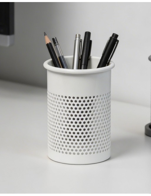 White metallic pencil holder or pen holder (10,5 x 9.5 cm)