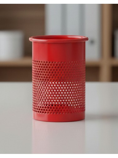 Red metallic pencil holder or pen holder (10,5 x 9.5 cm)