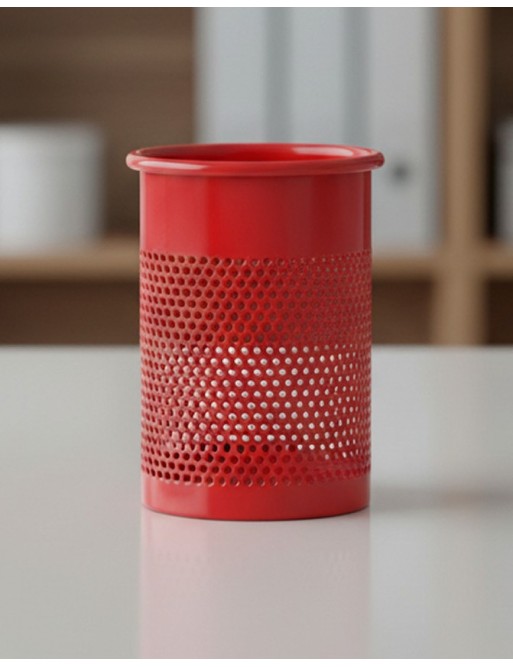 Red metallic pencil holder or pen holder (10,5 x 9.5 cm)
