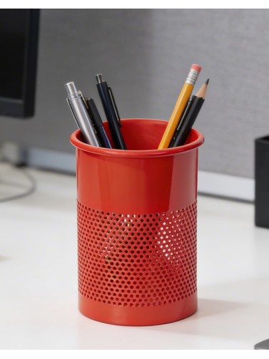 Pot à crayons ou porte-stylo métallique rouge (13,5 x 9,5 cm)