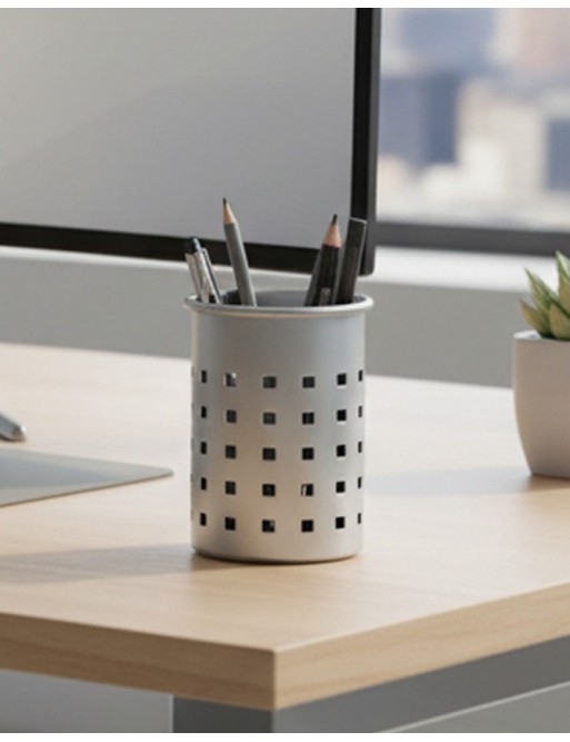 Silver metallic pencil holder or pen holder (11 x 7,5 cm). Square Model