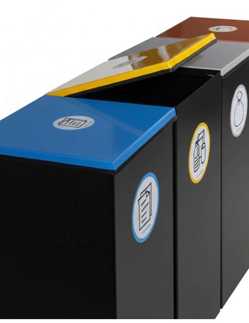 Papelera de reciclaje metálica negra 44L con tapa lisa abatible en 5 colores