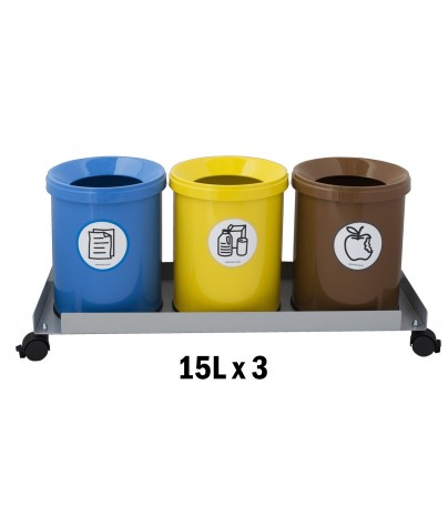 Conjunto carrito 3 papeleras de reciclaje de 15 litros
