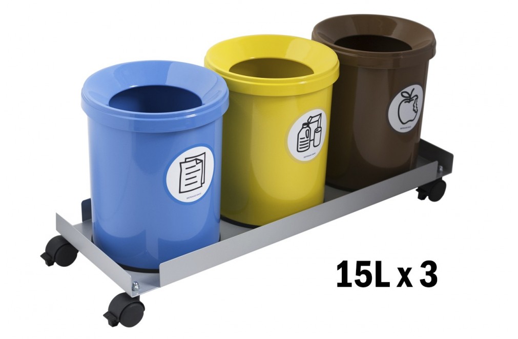 Conjunto carrito 3 papeleras de reciclaje de 15 litros