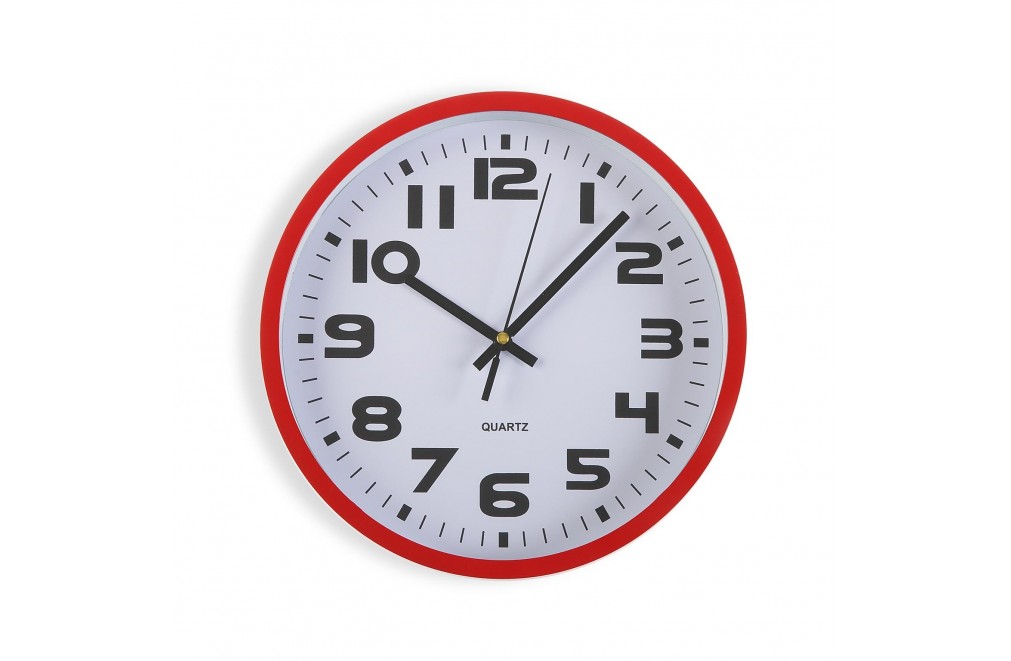 Red plastic wall clock with a diameter of 25 cm