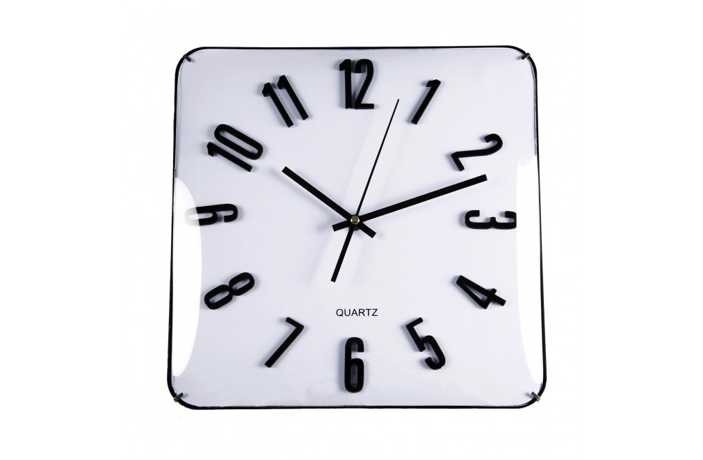 Square, white wall clock with a diameter of 31 cm