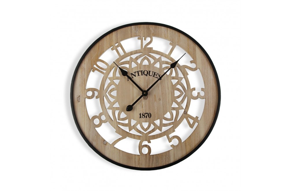 Wooden and metal wall clock with a diameter of 60 cm.