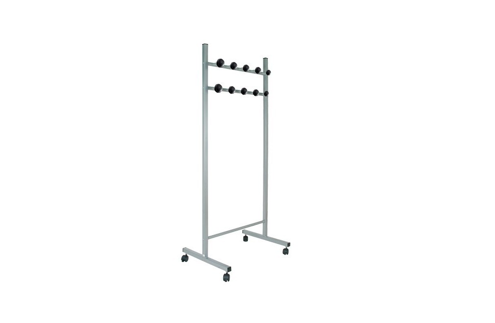 MOVEABLE COAT RACK with black ABS hooks. Silver painted